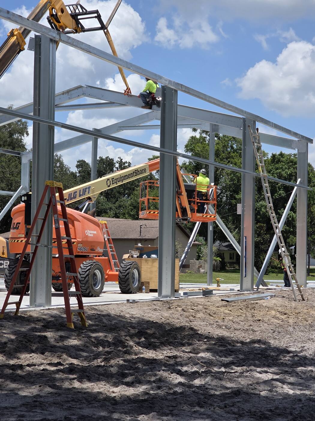 Steel frame erection in progress