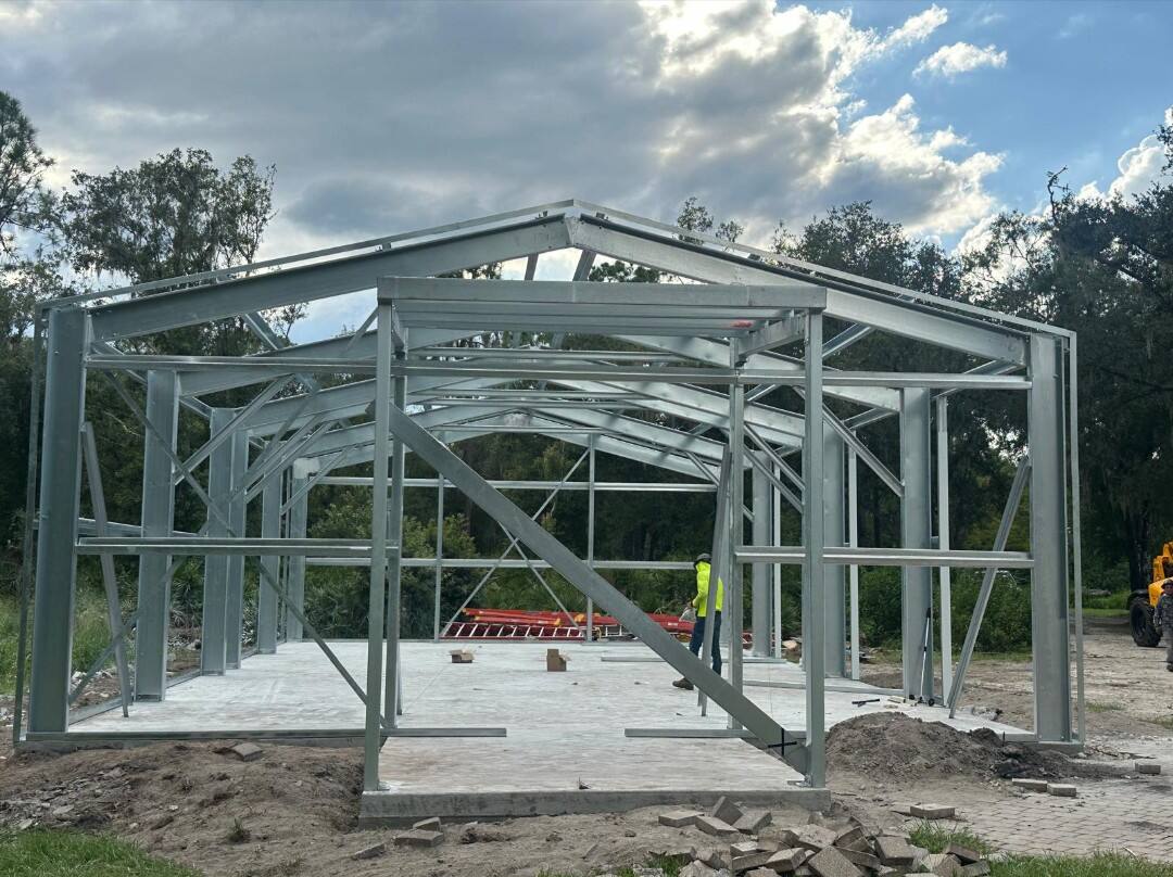 Steel frame erection in progress